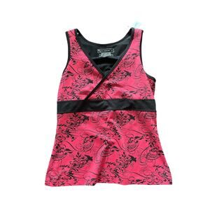 TEK GEAR, SIZE M, ACTIVE TOP, PINK WITH GRAPHICS, BLACK BRA